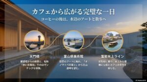 コーヒーの後に立ち寄りたい、天門橋、富山県美術館、富岩水上ラインなどの周辺施設でのアート体験と散歩コースの紹介スライド。