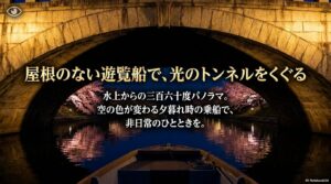 水上から360度パノラマを楽しめる屋根のない松川遊覧船
