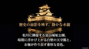 暗闇に浮かび上がる白壁の天守閣とお堀の水鏡が美しい富山城址公園