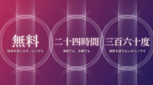 えんじ色の背景に大きく「無料」と書かれ、二十四時間、三百六十度、財布を気にせずいつでも深夜でも早朝でも視界を遮らない大パノラマを楽しめることを説明したスライド