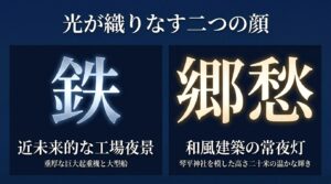 「光が織りなす二つの顔」として、近未来的な工場夜景を表す「鉄」と、和風建築の常夜灯を表す「郷愁」を対比させて解説しているスライド。