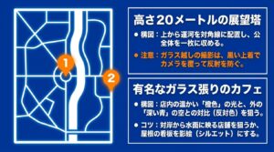 富岩運河環水公園の撮影スポットマップ。1番の天門橋展望塔と2番のガラス張りカフェ（スターバックス）の撮影構図と注意点
