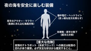 夜の海を安全に楽しむ装備として、厚手のアウターやマフラー、懐中電灯・ヘッドライト、防寒靴をイラストで紹介し、テトラポットへの接近厳禁を警告するスライド