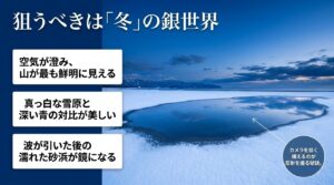 狙うべきは冬の銀世界。真っ白な雪原と深い青の対比、反射を撮る秘訣