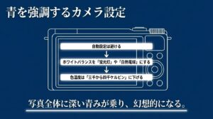 青を強調するカメラ設定。ホワイトバランスを蛍光灯にし色温度を下げる