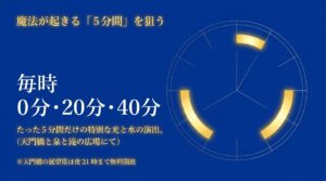 毎時0分・20分・40分からの5分間だけ行われる特別な光と水の演出。天門橋の展望塔は夜21時まで無料開放。