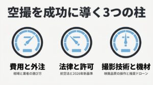 ドローン空撮を成功に導く3つの柱（費用と外注、法律と許可、撮影技術と機材）を示した図解