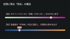 記憶に残る色彩の魔法。昼はマゼンタを足し、夜は色温度を4700K付近に固定する