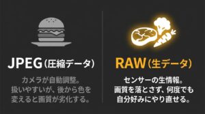 カメラが自動調整する圧縮データのJPEGと、画質を落とさず何度でもやり直せる生データのRAWの違いを図解した比較画像