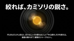 絞ればカミソリの鋭さ。F5.6などに絞るとレンズの中心部分だけを使え、画面の隅々まで極限のシャープネスになるという説明