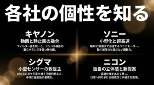 各社の個性を知る。キヤノンは動画と静止画の融合、シグマは小型センサーの救世主、ソニーは小型化と超高速、ニコンは独自の立体感という特徴まとめ