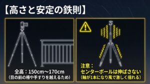 三脚の全高は150cm〜170cmを推奨し、センターポールを伸ばすと風の影響で激しく揺れるため注意が必要であることを示す図解