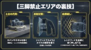 三脚が使えない場所での裏技として、カバンやタオルを土台にする方法、ジャケットでガラスの反射を防ぐ方法、レンズフードを金網に押し当てる方法の図解