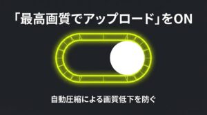 自動圧縮による画質低下を防ぐために、アプリ設定の「最高画質でアップロード」をONにするよう促す解説