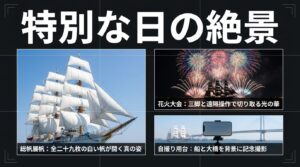 海王丸の背後に大きな花火が打ち上がるドラマチックな夜景の様子と総帆展帆のイベント情報を表したスライド