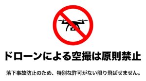 赤い禁止マークの中に黒いドローンのシルエットが描かれたイラスト。落下事故防止のため、特別な許可がない限りドローンによる空撮は原則禁止である旨の警告。