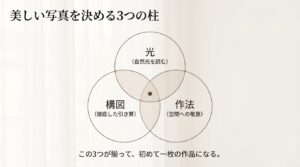 カフェ写真完全ガイド。美しい写真を決める3つの柱である「光」「構図」「作法」の図解。