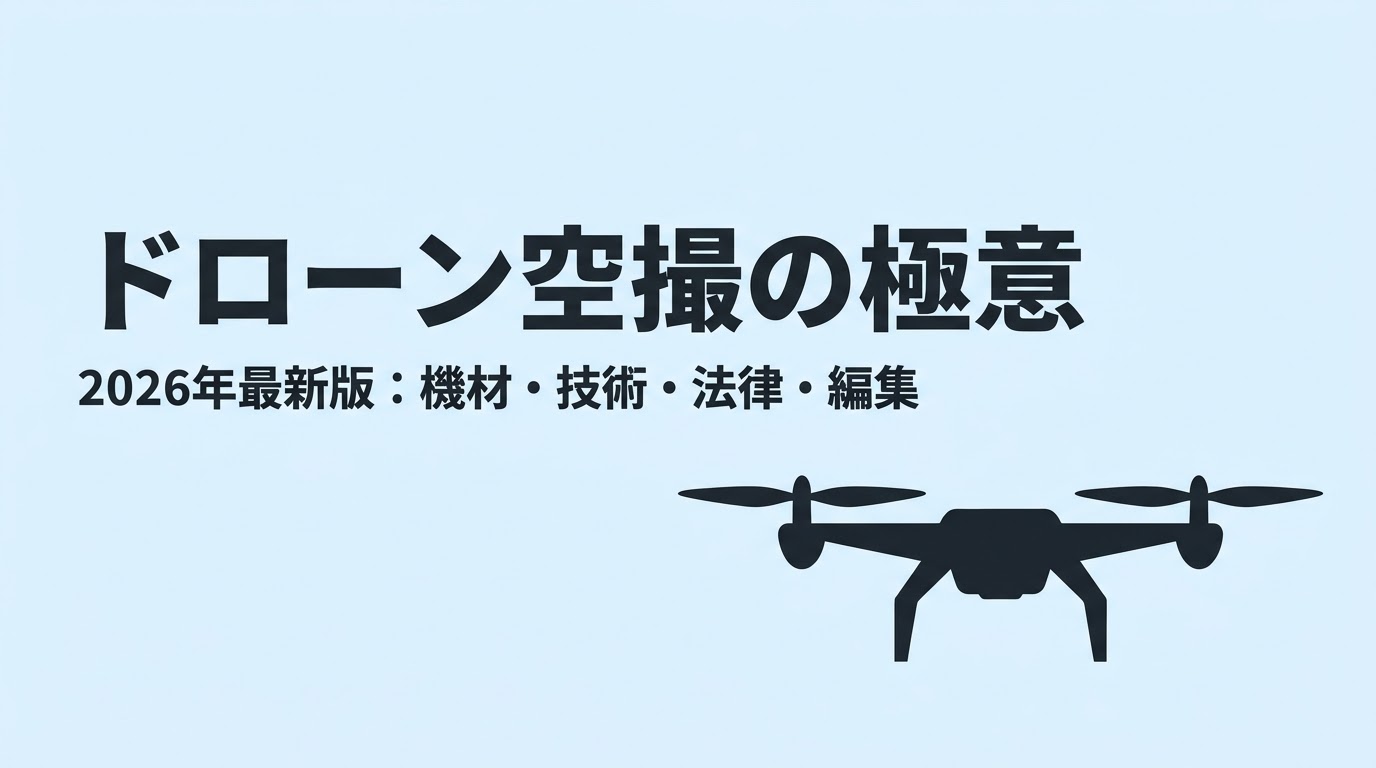 ドローン空撮に必要な機材、技術、法律、編集について解説するタイトルスライド画像