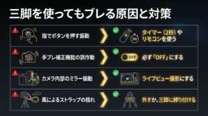 三脚使用時でもブレる4つの原因(指で押す振動、手ブレ補正の誤作動、ミラー振動、風による揺れ)と、それぞれの対策方法をまとめたスライドです。