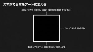 スマホでの白黒撮影のコツとして、正方形の画面比率と露出・コントラストの調整方法を解説するスライ