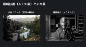 AIを活用した古い写真の自動カラー化と、写真をイラスト風にする線画抽出の比較画像スライド
