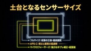 土台となるセンサーサイズ。フルサイズは夜景の王様で最高画質、APS-Cは軽さと画質の最適解、マイクロフォーサーズは強力な手ブレ補正と超望遠が特徴。