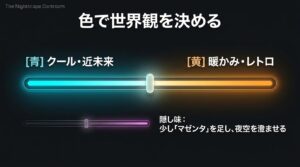 クールな青や暖かみのある黄色の色温度調整と、マゼンタを足して夜空を澄ませるコツを解説したスライド