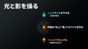 ハイライトを下げて光源を復活させ、シャドウを上げて暗部を引き出す階調調整のポイント