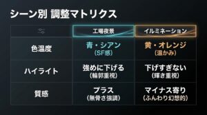 工場夜景とイルミネーションにおける、色温度、ハイライト、質感の調整傾向を比較したマトリクス表