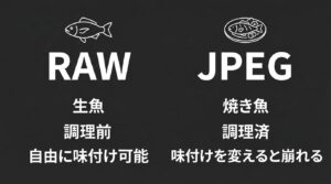 RAWデータは調理前の生魚、JPEGデータは調理済の焼き魚に例えたイラスト解説