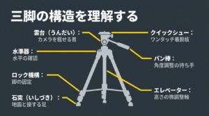 水準器、雲台、ロック機構、石突、クイックシュー、パン棒、エレベーターなど、三脚の各部名称と役割を解説した図解