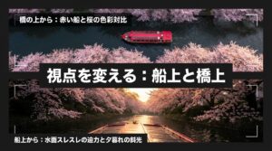 橋の上からの赤い船と桜の色彩対比、船上からの水面スレスレの迫力と夕暮れの斜光の活用を解説するスライド。