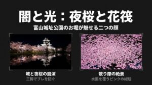 暗闇の中に美しくライトアップされた富山城の天守閣と桜並木が、波のないお堀の水面に反射している夜景写真。