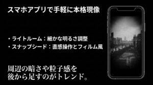 ライトルームでの細かな明るさ調整や、スナップシードでの直感操作とフィルム風加工など、スマホアプリで手軽に本格現像する方法の解説