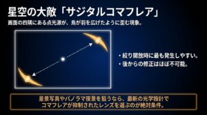画面四隅の点光源が歪むサジタルコマフレア現象と対策