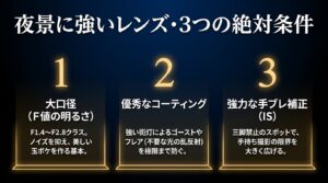 夜景に強いレンズの3つの絶対条件：大口径、優秀なコーティング、強力な手ブレ補正