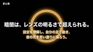 まとめ。暗闇はレンズの明るさで超えられる。設定を理解し、自分の足で動き、夜の光を思い通りに操ろう、というメッセージ。