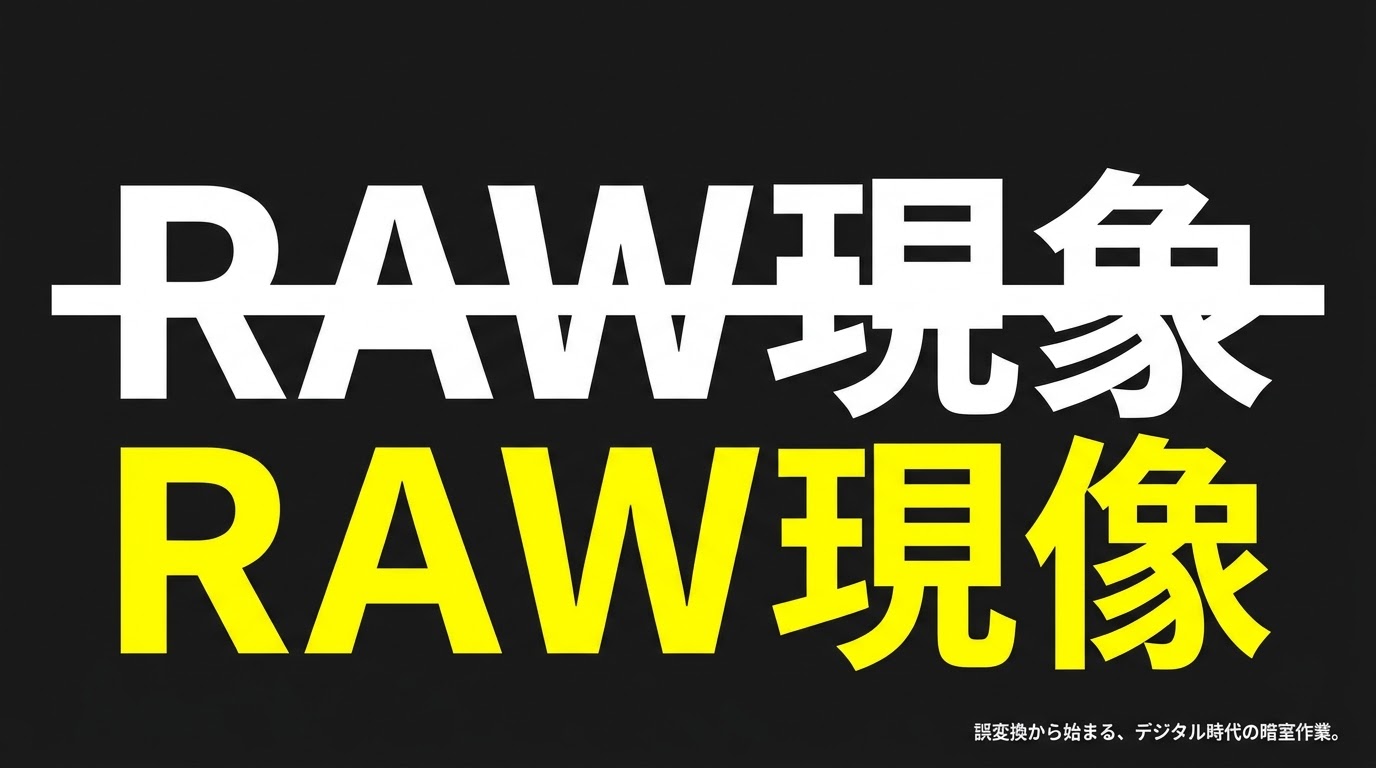 RAW現象とRAW現像のタイトルスライド。誤変換から始まるデジタル時代の暗室作業。