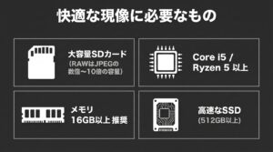 大容量SDカード、16GB以上のメモリ、高速なSSDなど快適なRAW現像に必要なパソコン環境の目安