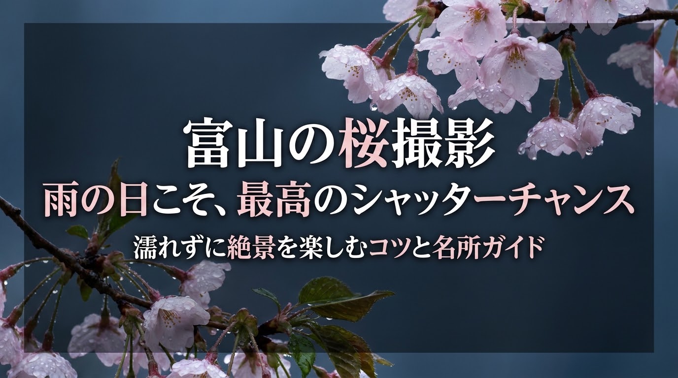 富山の桜撮影ガイドの表紙スライド。「雨の日こそ、最高のシャッターチャンス。濡れずに絶景を楽しむコツと名所ガイド」というタイトルテキスト