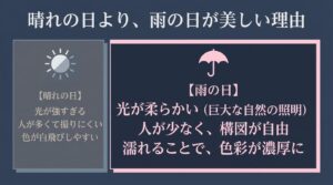 晴れの日と雨の日の桜撮影の違いを比較したスライド。雨の日は光が柔らかく、人が少なく構図が自由になり、色彩が濃厚になる理由を解説