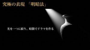 光を一つに絞り暗闇でドラマを作る、究極の表現「明暗法」について説明するスライド