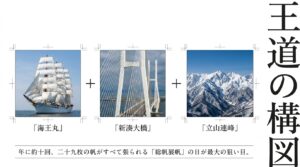 海王丸、新湊大橋、立山連峰の3つの要素を組み合わせた新湊大橋写真撮影の王道構図と総帆展帆の解説スライド