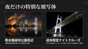 南水路緑地公園周辺の工場夜景と新湊大橋の共演、および週末限定ナイトクルーズによる海上からの特別なアングルでの撮影ポイントを解説したスライド