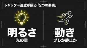 シャッター速度が操る2つの要素の解説図。明るさ（光の量）と、動き（ブレか静止か）の2つに影響を与えることを示しています。