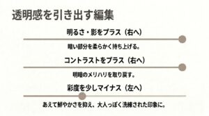 明るさやコントラストをプラスし、彩度を少しマイナスにして大人っぽく洗練された写真にする編集のコツ