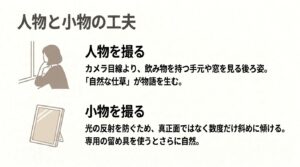 自然な仕草を切り取る人物撮影と、光の反射を防ぐアクスタなど小物の撮影方法