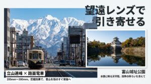 望遠レンズで引き寄せる立山連峰と路面電車、水鏡に映る富山城址公園