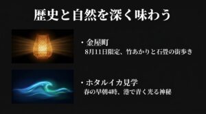 金屋町のイベントや深夜のホタルイカ見学など、歴史や自然を深く味わう富山の夜の体験を紹介するスライド