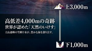 立山連峰の上3000mから海底の下1000mまで、高低差4000mが作る富山湾の天然のいけすの図解。